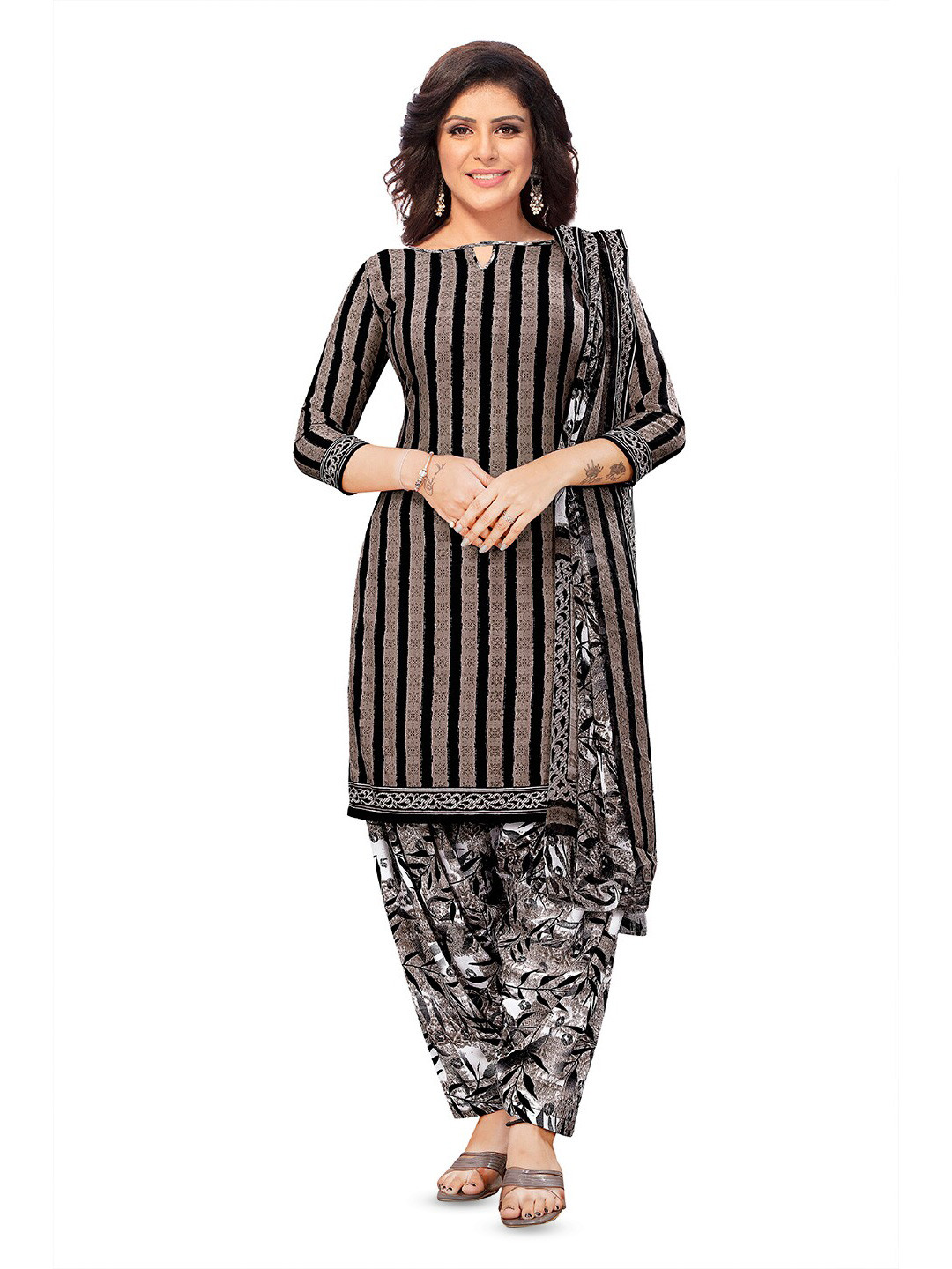 

SALWAR STUDIO Striped Unstitched Dress Material, Taupe