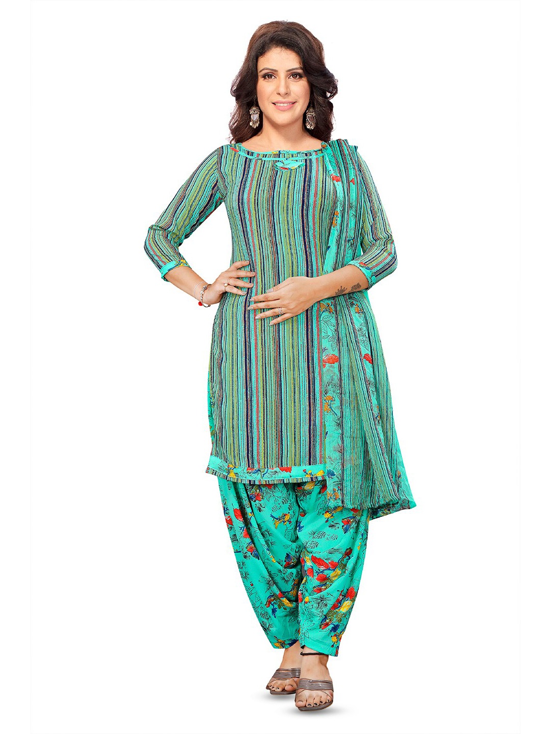 

SALWAR STUDIO Striped Unstitched Dress Material, Green