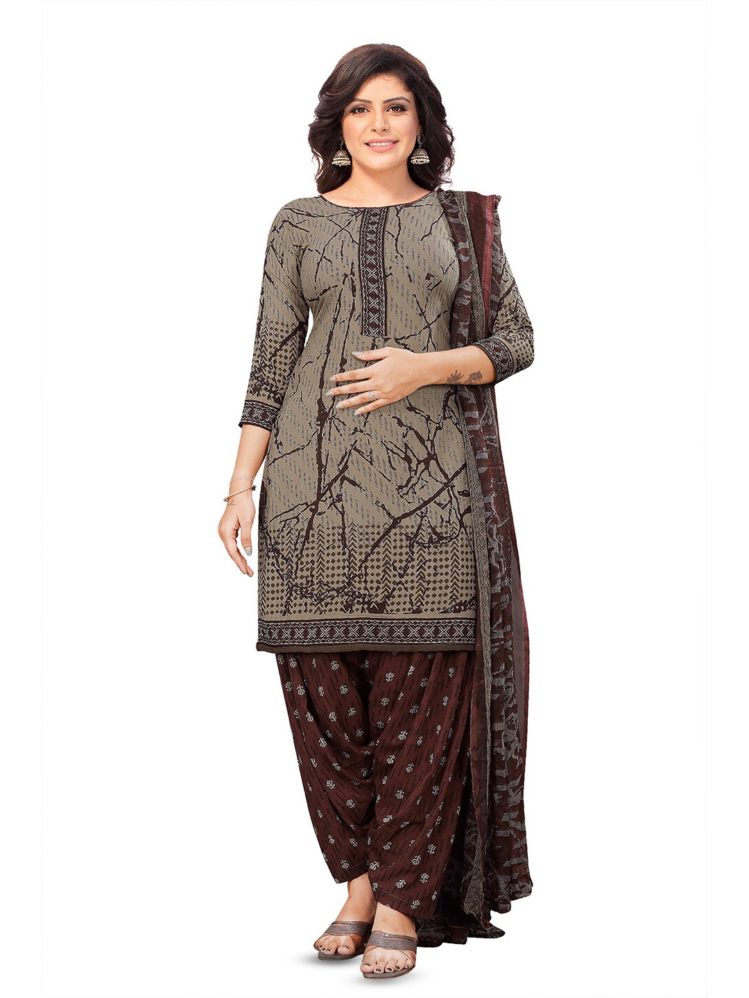 

SALWAR STUDIO Printed Unstitched Dress Material, Taupe
