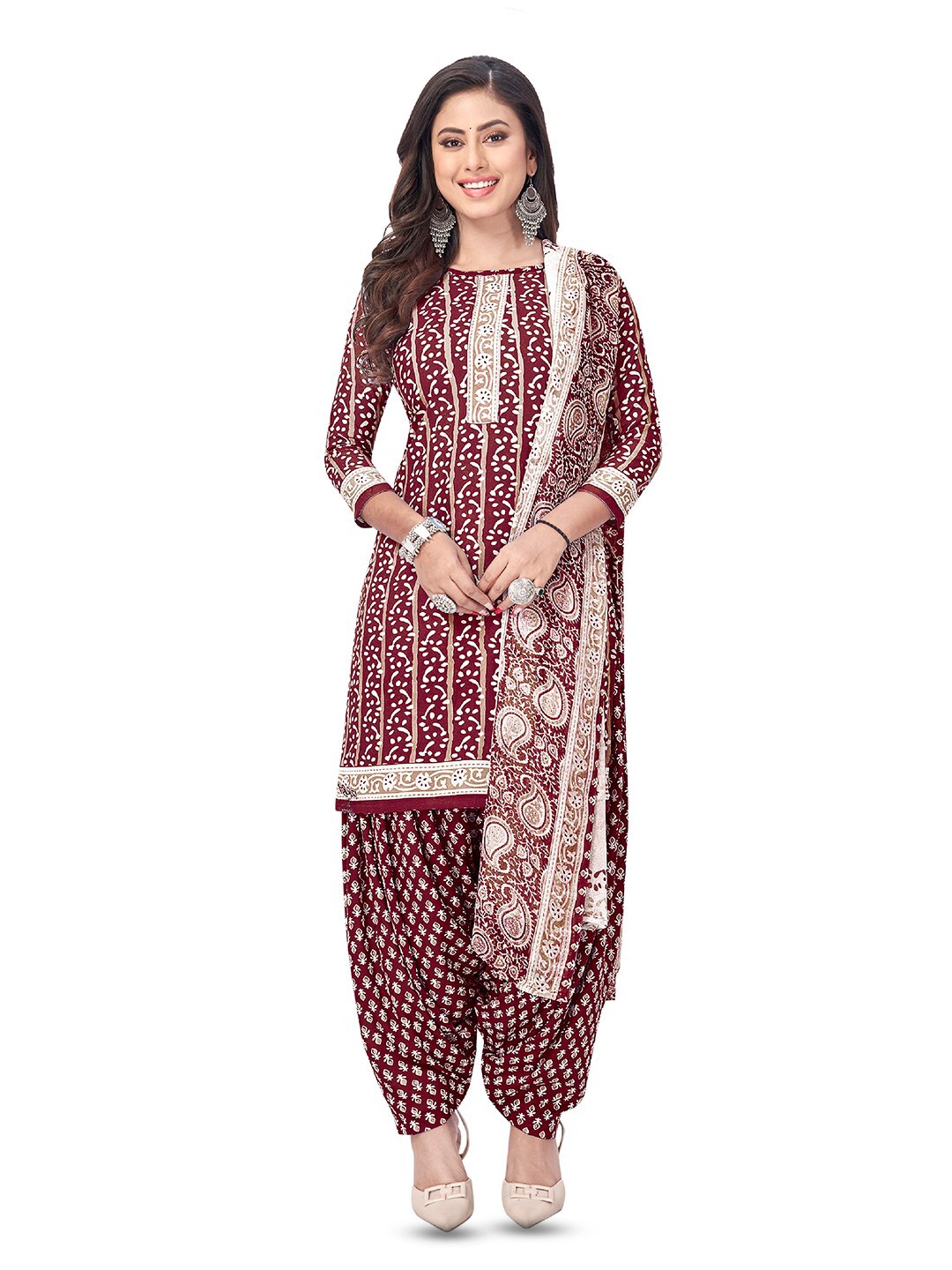 

SALWAR STUDIO Ethnic Motifs Printed Unstitched Dress Material, Maroon