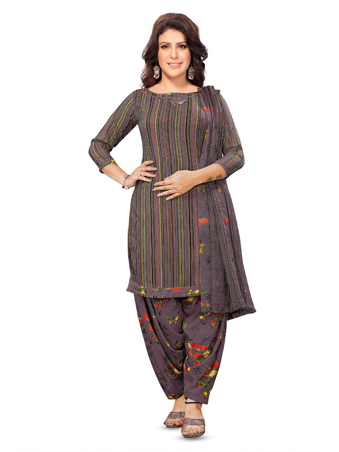 

SALWAR STUDIO Striped Unstitched Dress Material, Brown