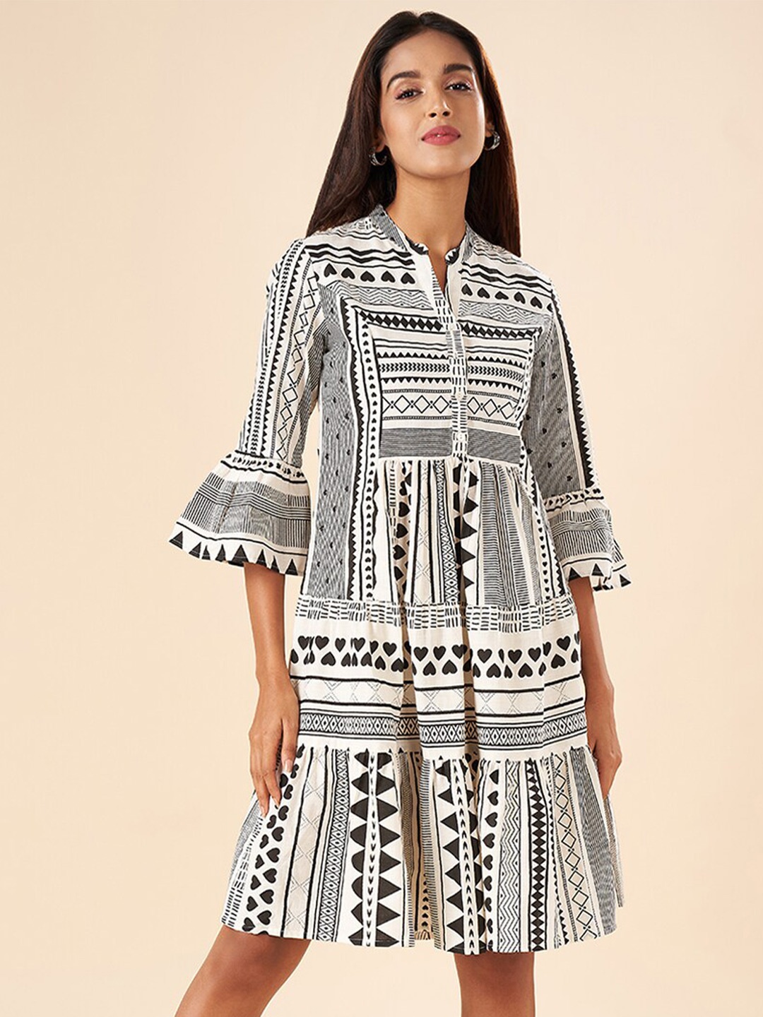 

AKKRITI BY PANTALOONS Geometric Printed Mandarin Collar Bell Sleeve Cotton A-Line Dress, Off white