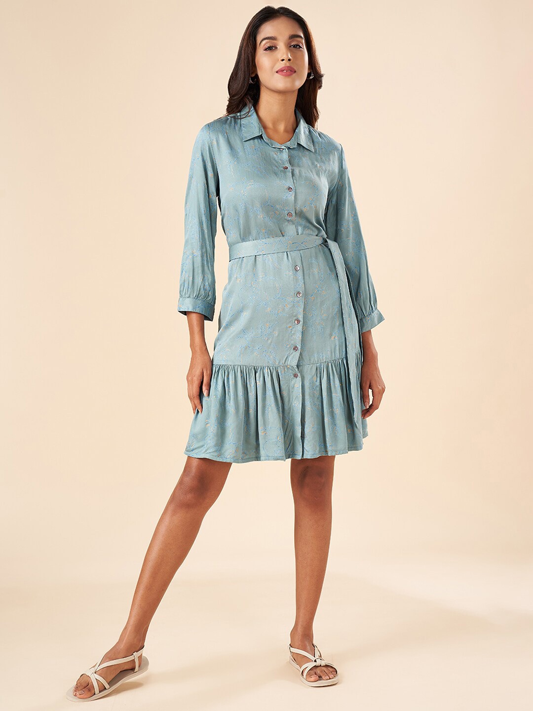 

AKKRITI BY PANTALOONS Puff Sleeves Gathered Shirt Dress, Blue