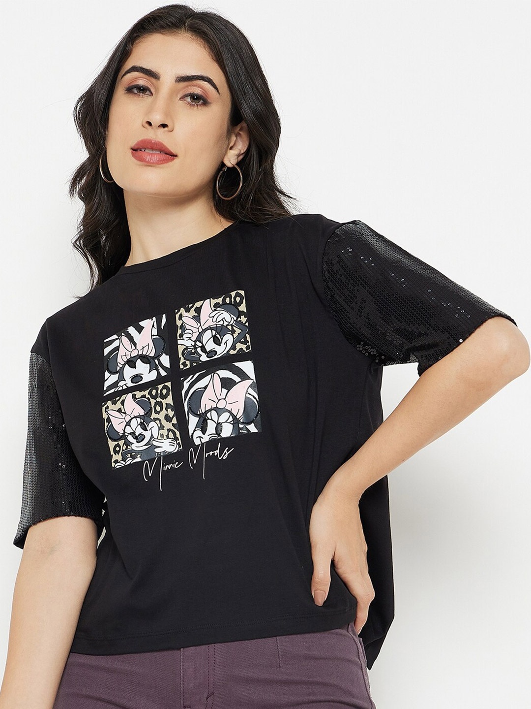 

Madame Minnie Moods Graphic Printed Sequined Pure Cotton Styled Back Top, Black