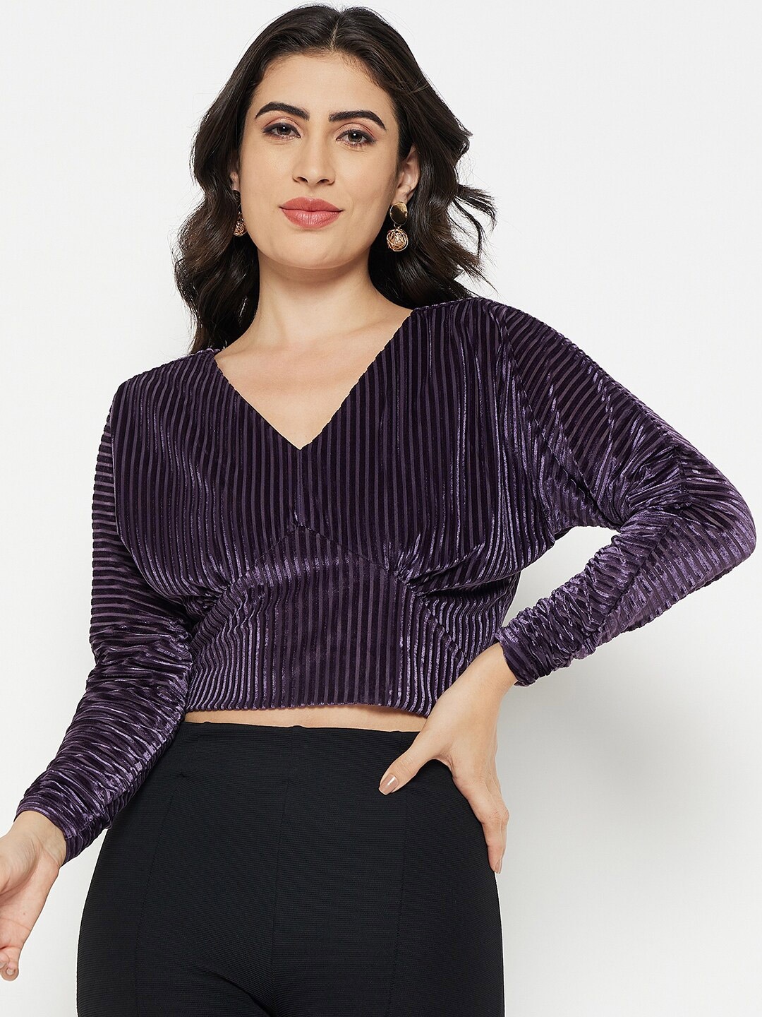 

Madame Striped V-Neck Crop Top, Purple