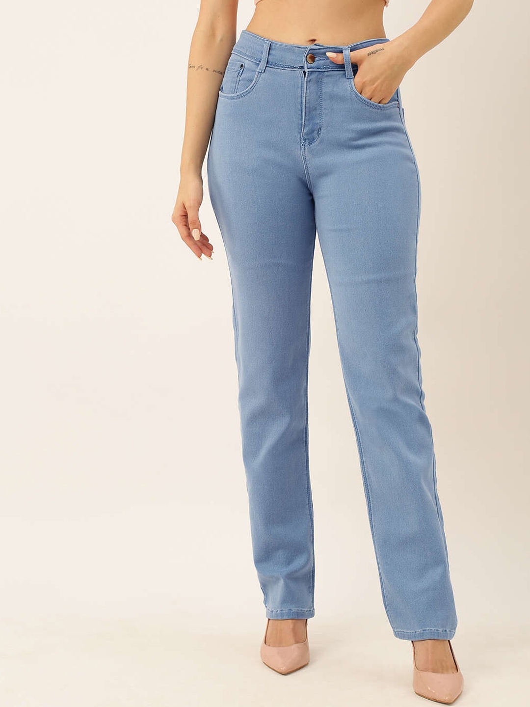 

ZOLA Women Blue Straight Fit Clean Look High-Rise Cotton Jeans