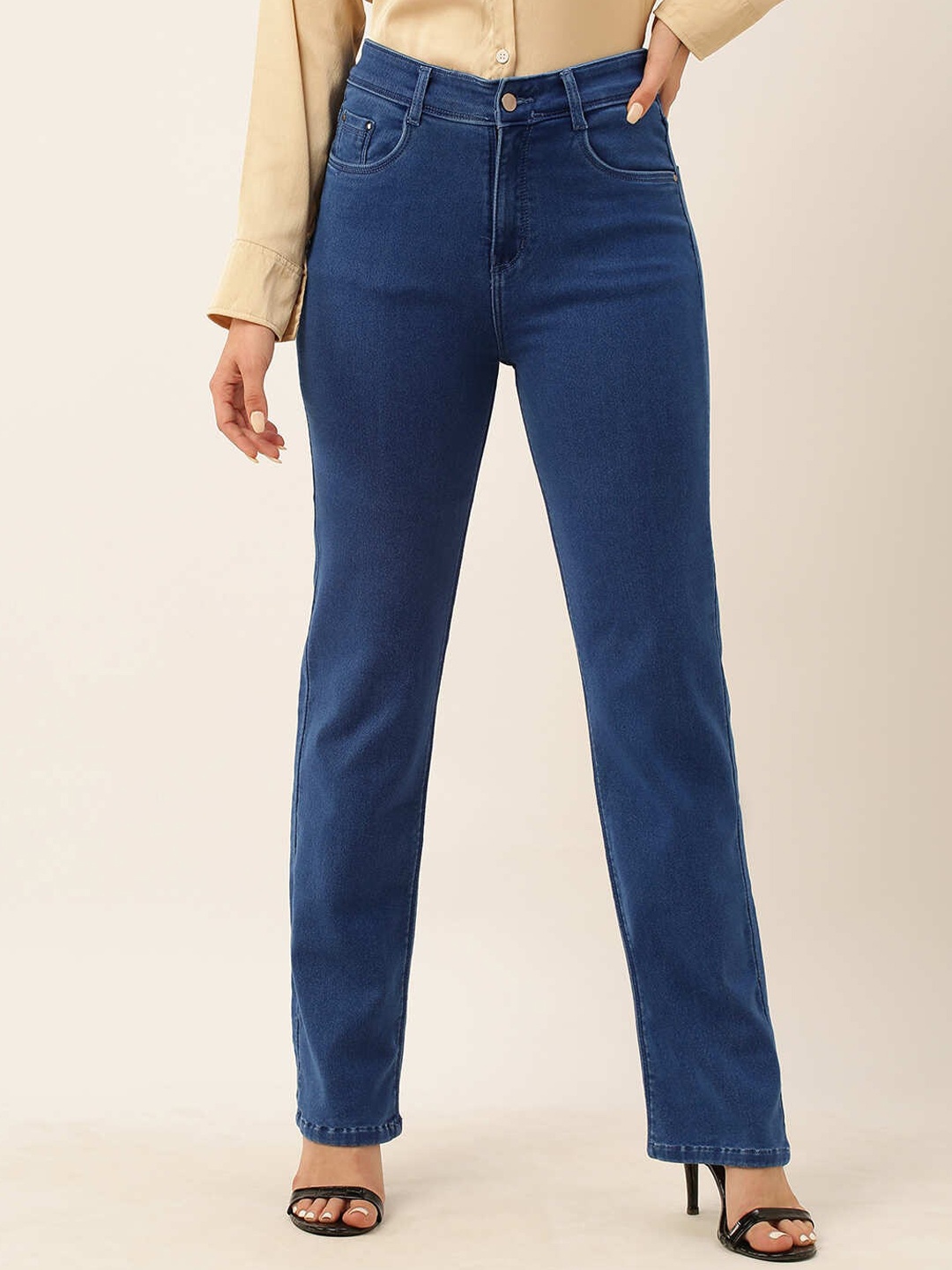 

ZOLA Women Blue Straight Fit Clean Look High-Rise Cotton Jeans