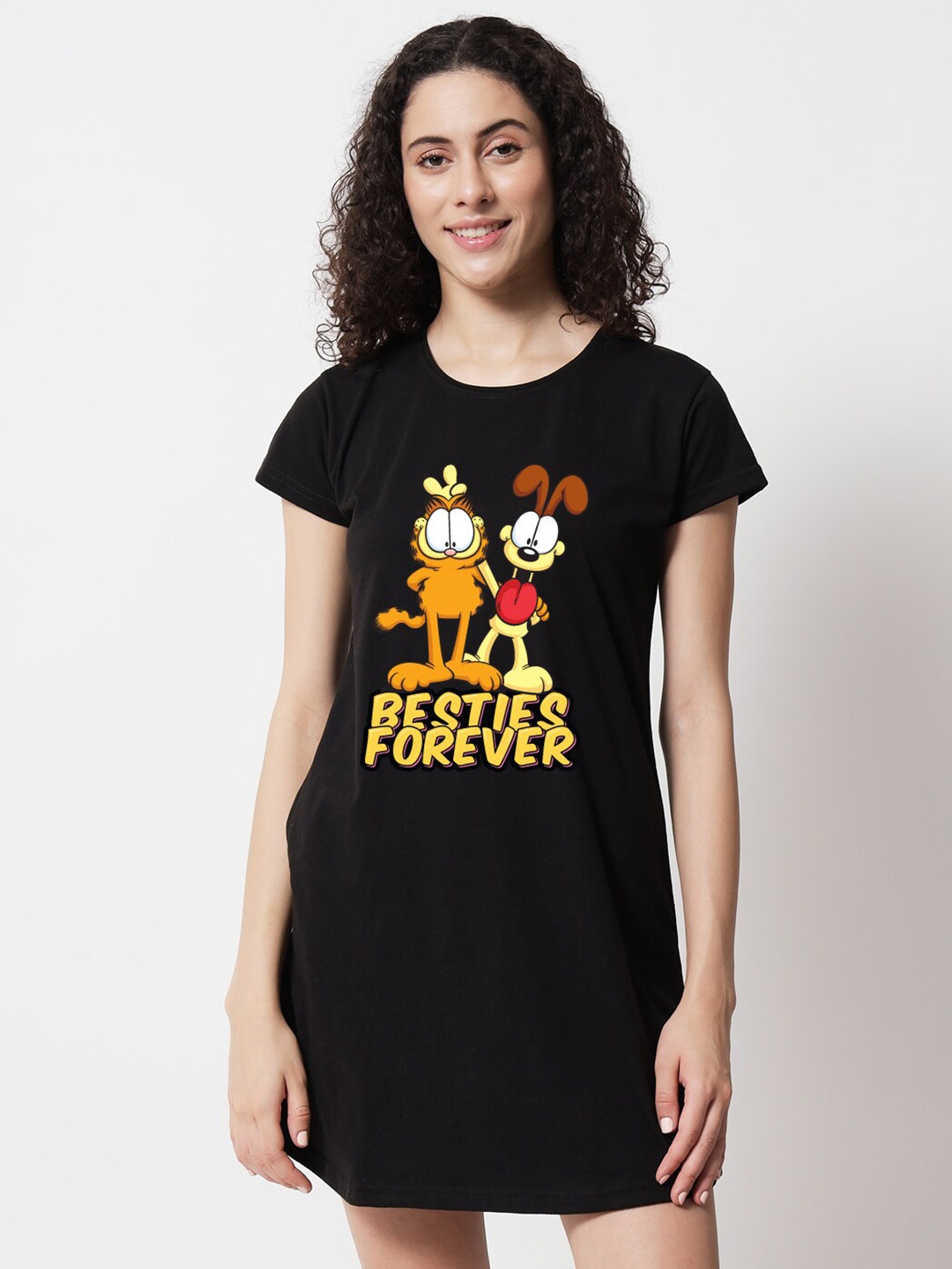 

FFLIRTYGO Cartoon Characters Printed Round Neck T-shirt Nightdress, Black