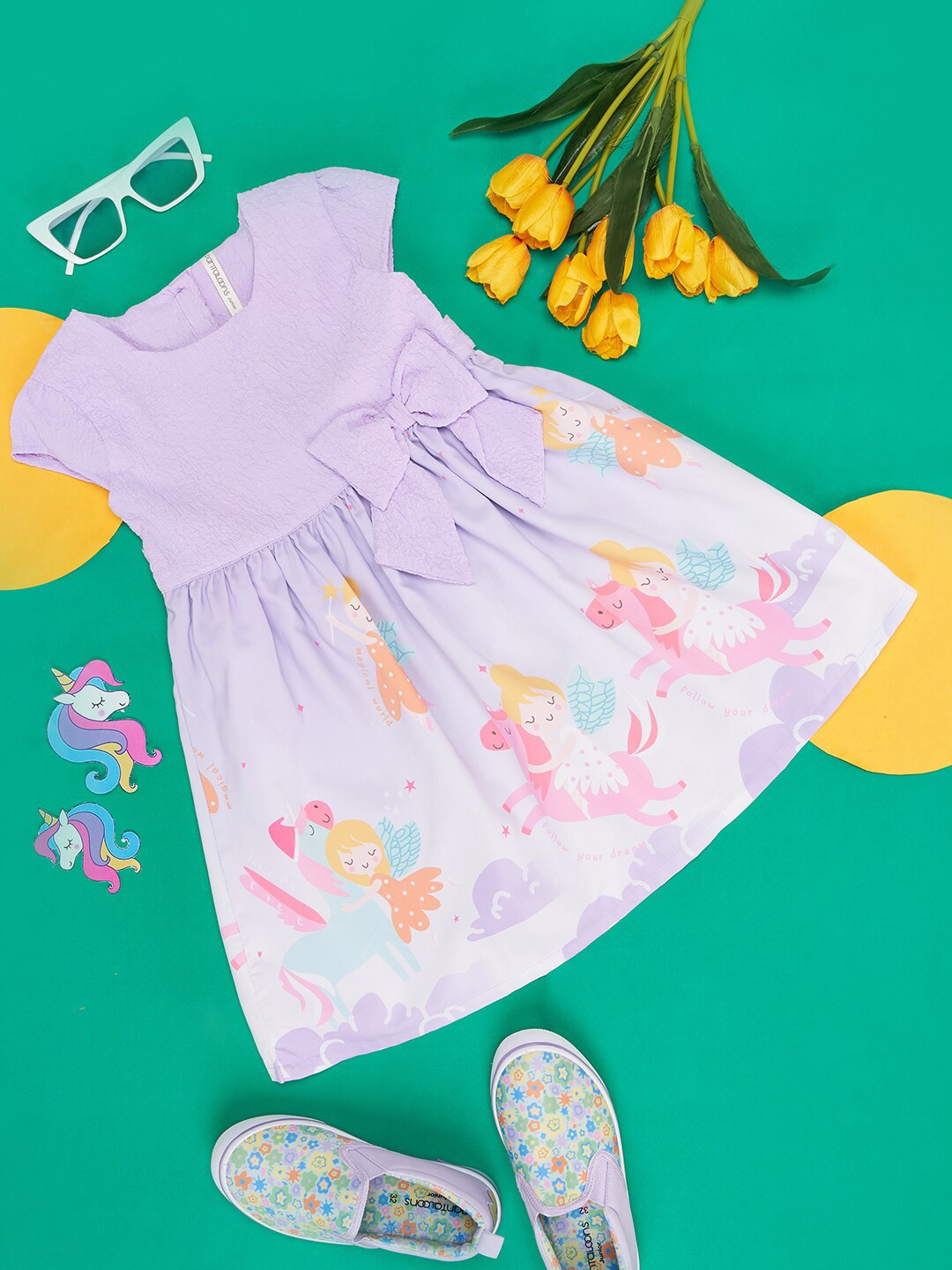 

Pantaloons Junior Girls Conversational Printed Cap Sleeves Fit & Flare Dress, Lavender