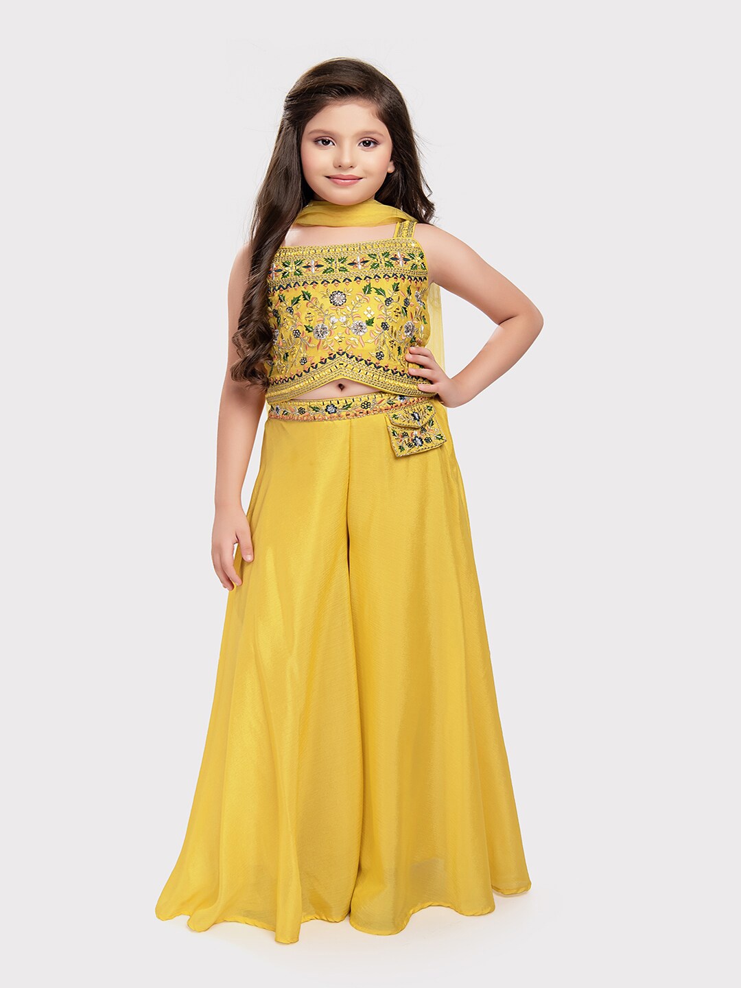

Tiny Kingdom Girls Embroidered Ethnic Top & Palazzos With Dupatta, Yellow