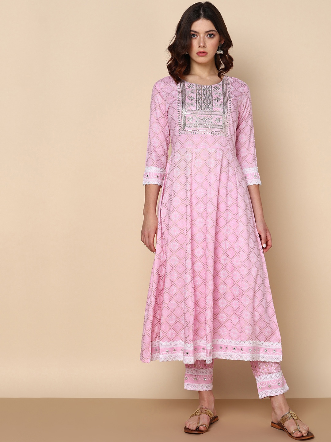 

Maaesa Bandhani Printed Sequinned Anarkali Kurta With Trousers & Dupatta, Pink