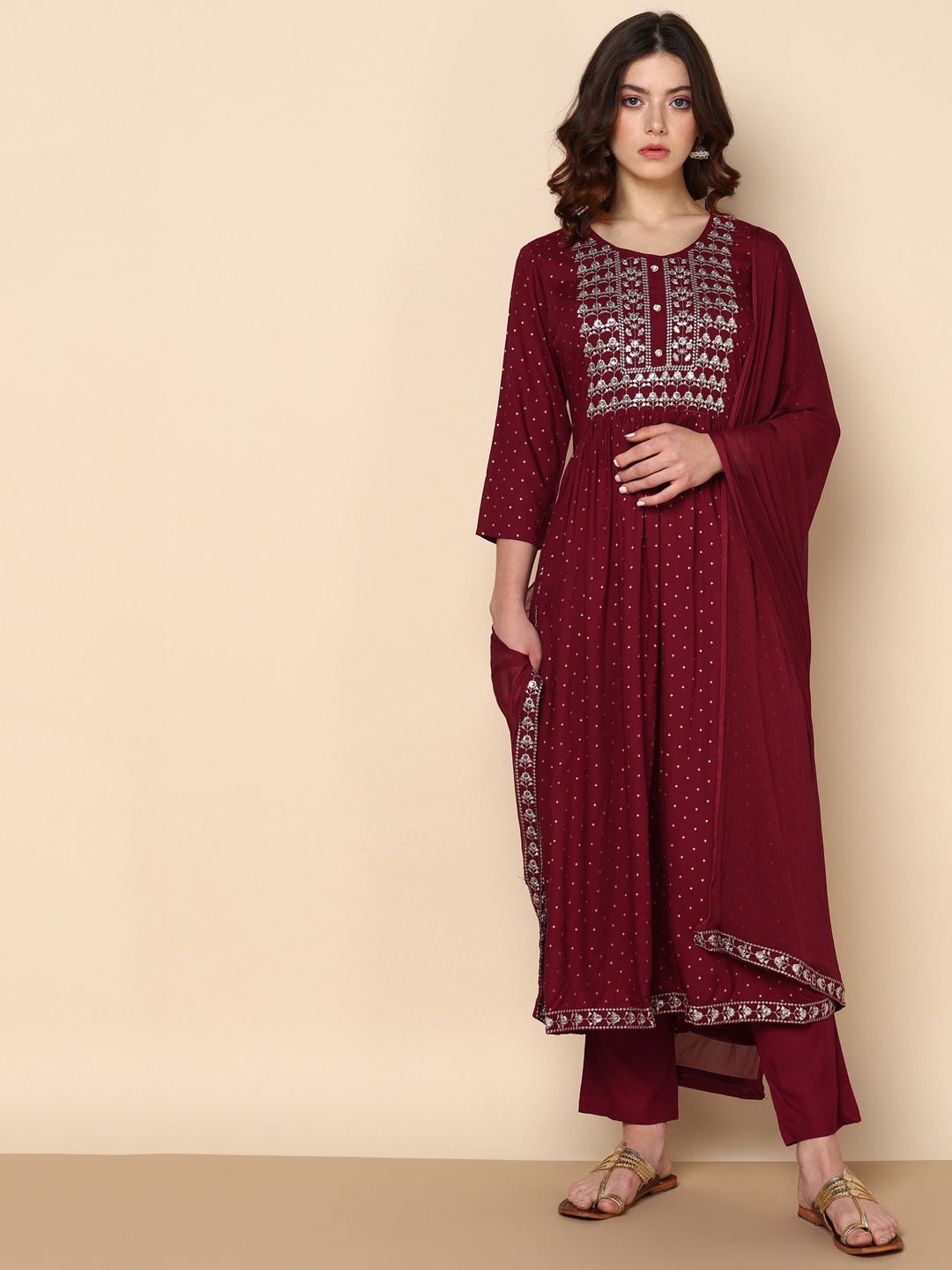 

Maaesa Floral Embroidered Pleated Kurta With Palazzos & Dupatta, Maroon