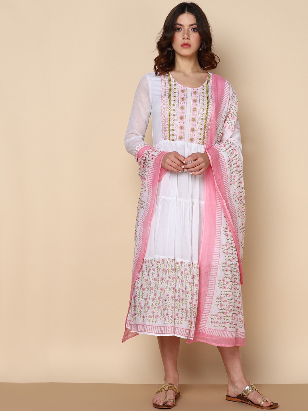 Maaesa Floral Embroidered Tiered Midi Ethnic Dress With Dupatta, White