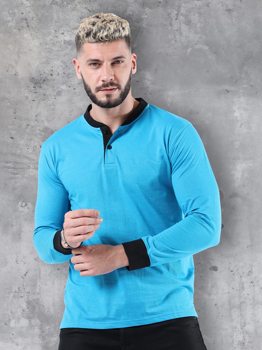 

fanideaz Henley Neck Pure Cotton T-shirt, Turquoise blue