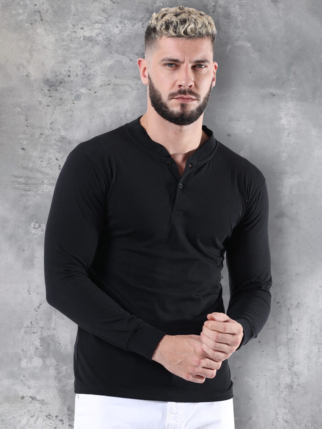 

fanideaz Henley Neck Pure Cotton T-shirt, Black