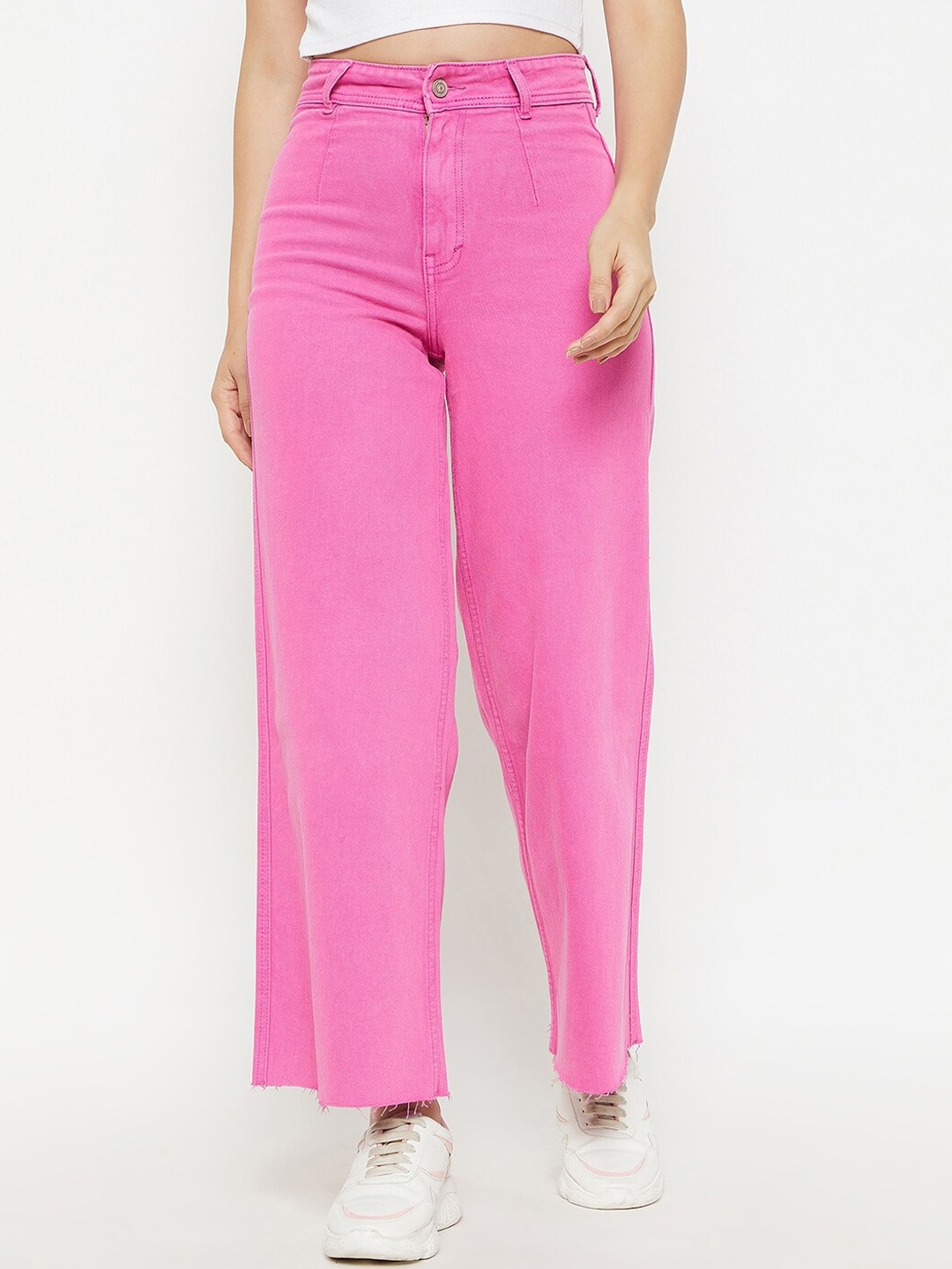 

Madame Women Wide Leg Mid-Rise Cotton Jeans, Pink