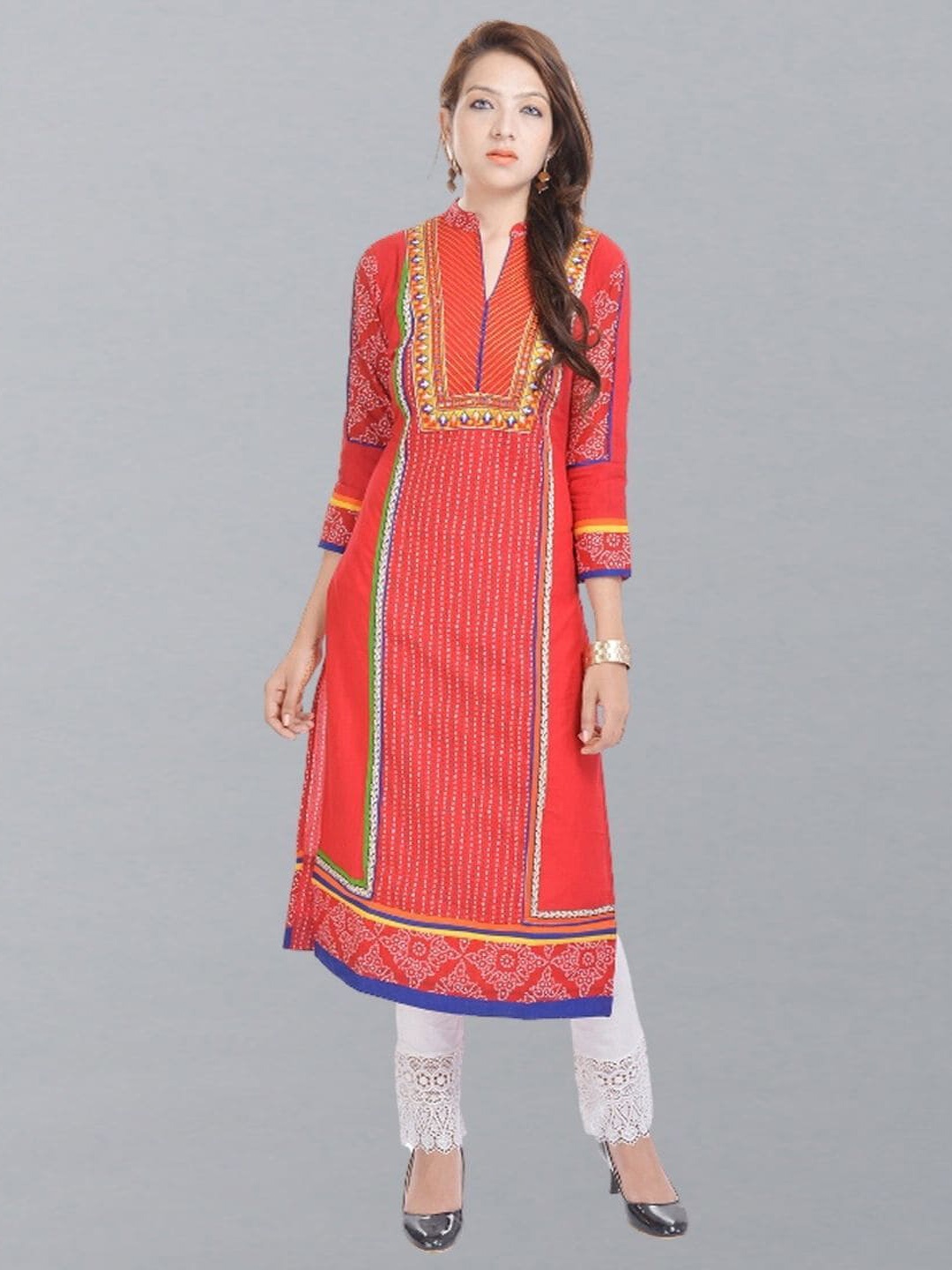 

Geroo Jaipur Ethnic Motifs Embroidered Mirror Work Pure Cotton Kurta, Red