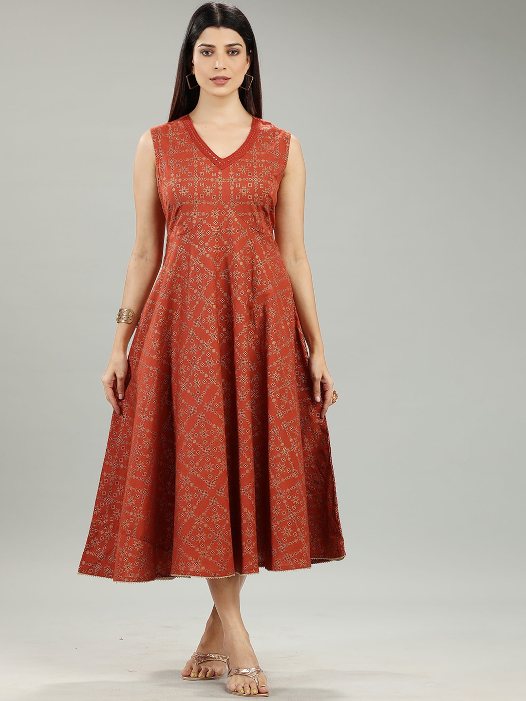 

COTTON CULTURE Ethnic Motifs Printed Fit & Flare Midi Dress, Brown