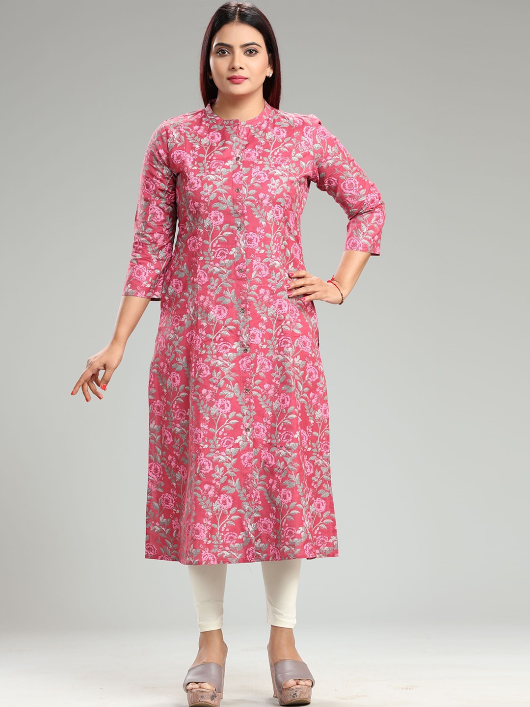 

COTTON CULTURE Floral Printed Cotton A-Line Kurta, Peach
