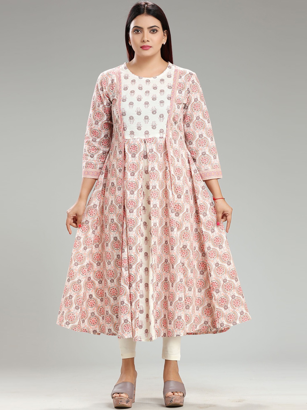 

COTTON CULTURE Ethnic Motifs Printed Cotton Flared Kurta, Cream