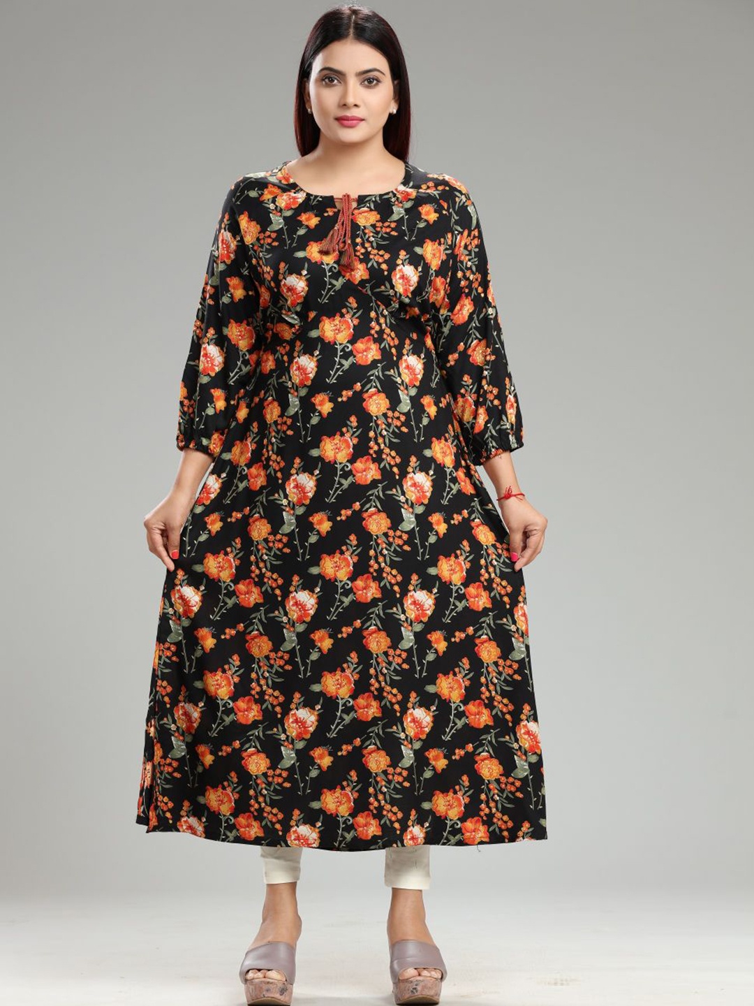 

COTTON CULTURE Floral Printed Tie-Up Neck Cotton A-Line Kurta, Black