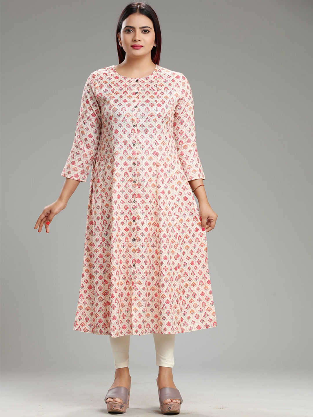 

COTTON CULTURE Ethnic Motifs Printed Cotton A-Line Kurta, Cream