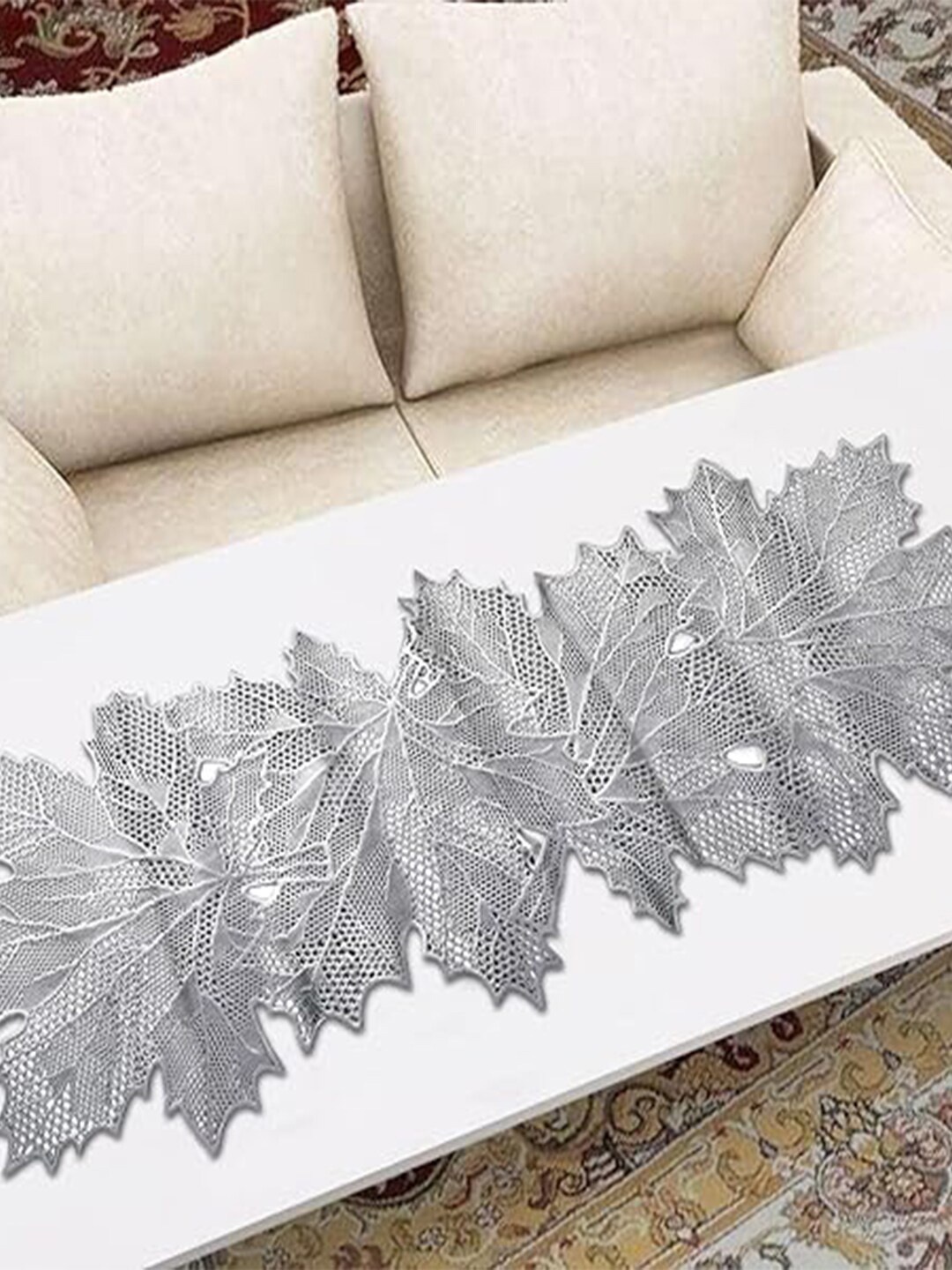 

Kuber Industries Silver-Toned Leaf Design Soft Leather Table Runner