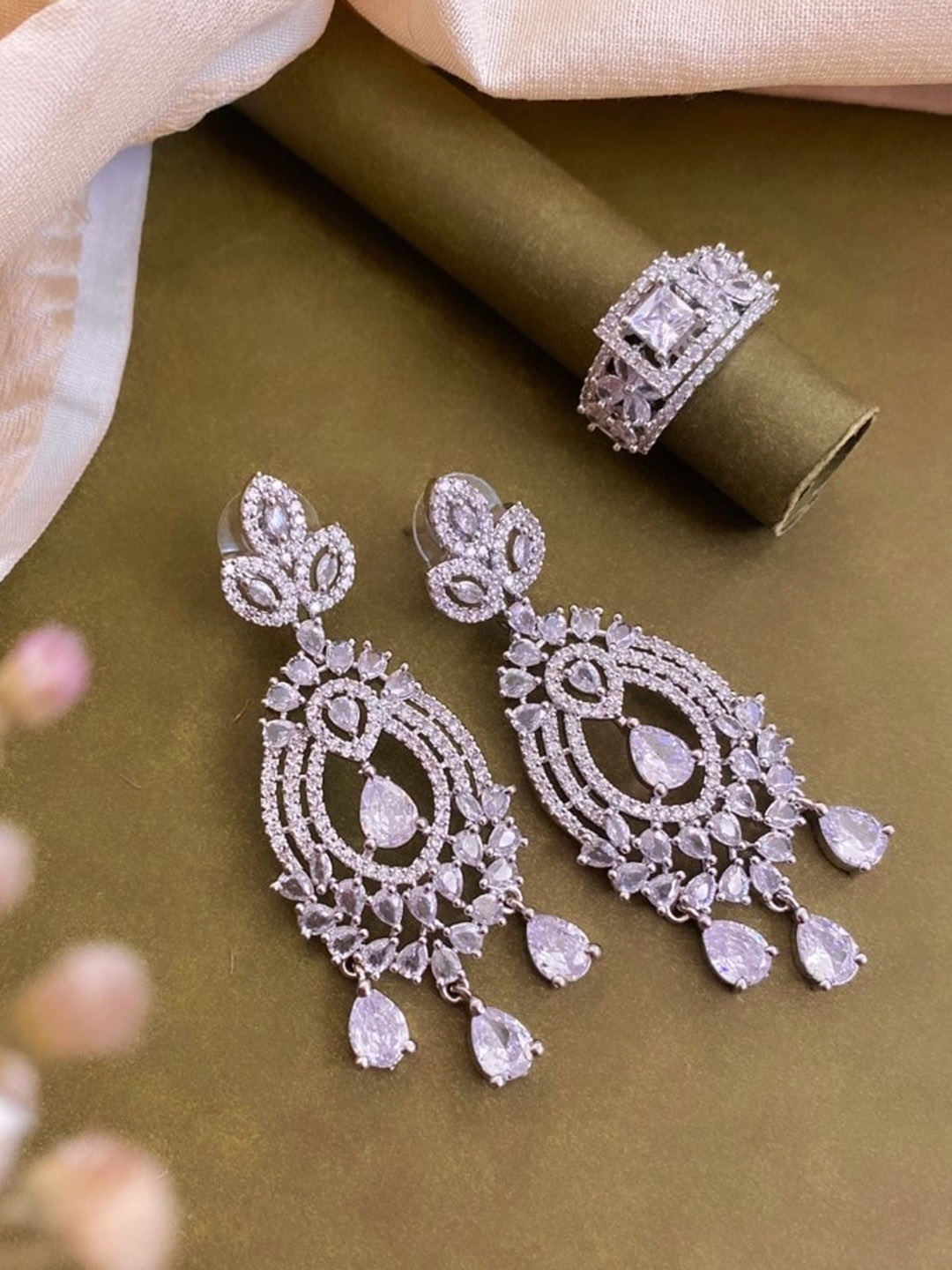 

ATIBELLE Silver-Plated CZ-Studded Stone Studded Jewellery Set