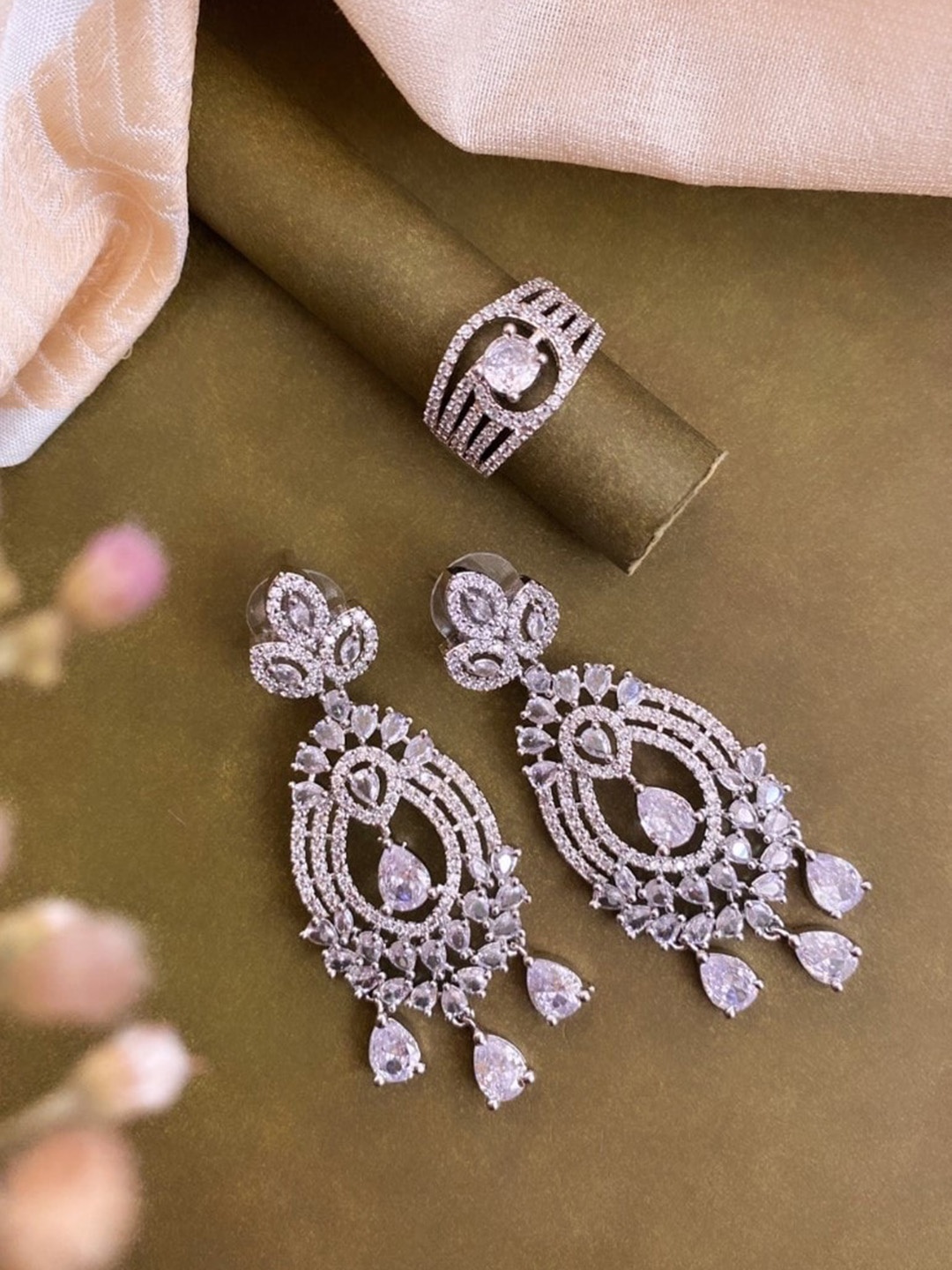 

ATIBELLE Silver-Plated Cubic Zirconia Studded Earrings & Finger Ring