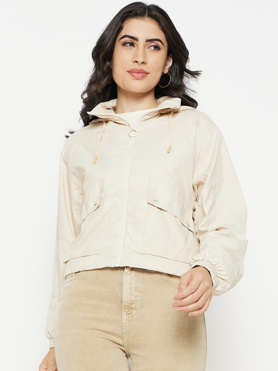

Madame Hooded Crop Bomber Jacket, Beige