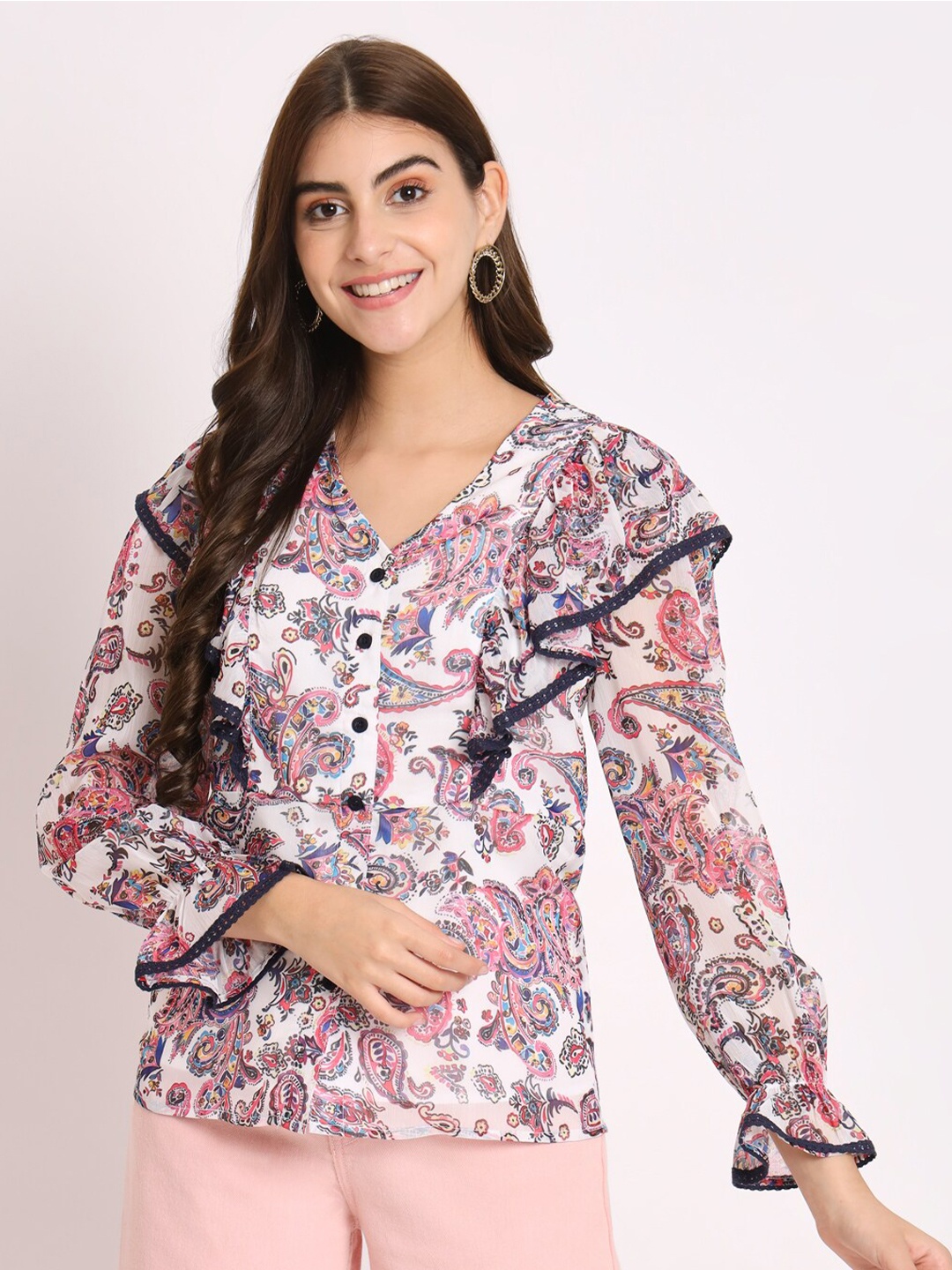 

CHARMGAL Ethnic Motifs Printed V-Neck Shirt Style Top, White