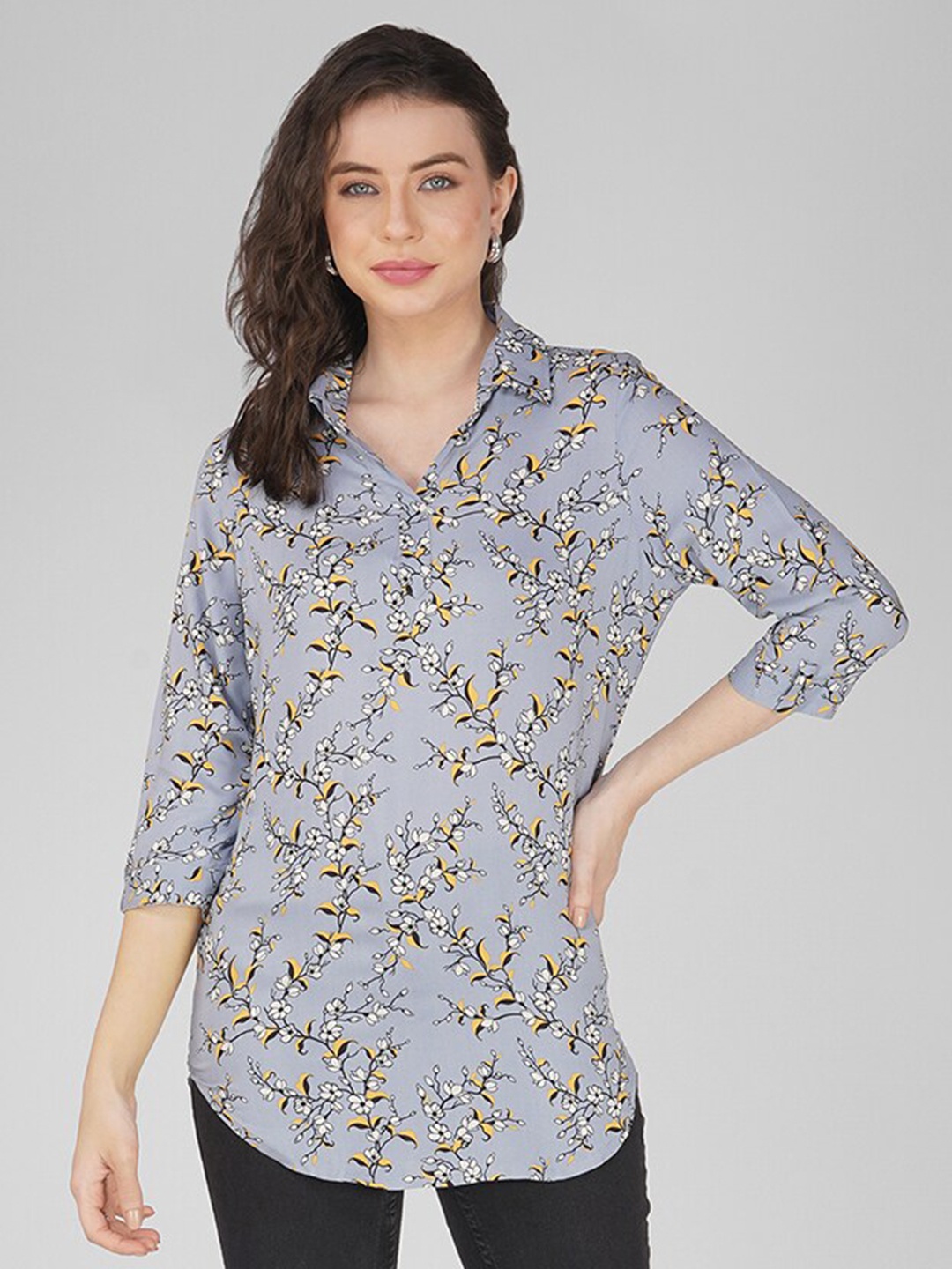 

Vastraa Fusion Floral Printed Shirt Collar Cotton Shirt Style Top, Grey