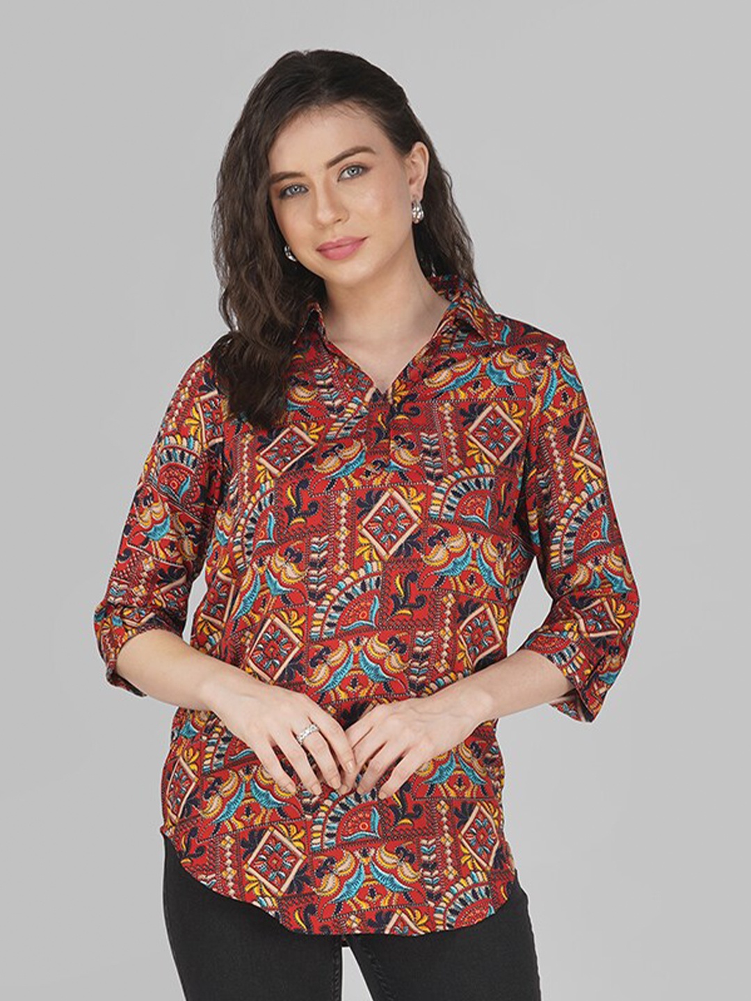 

Vastraa Fusion Geometric Printed Shirt Collar Cotton Shirt Style Top, Maroon