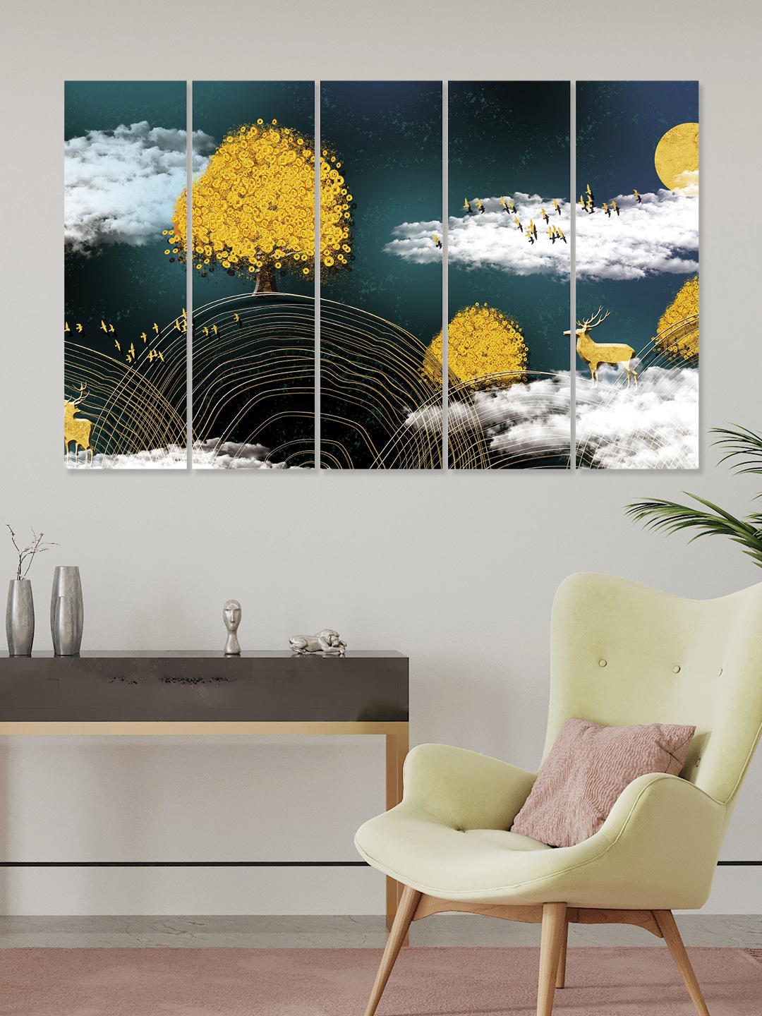 

RANDOM 5 Pcs Blue & Yellow Wooden Vinyle Canvas Painting Wall Art