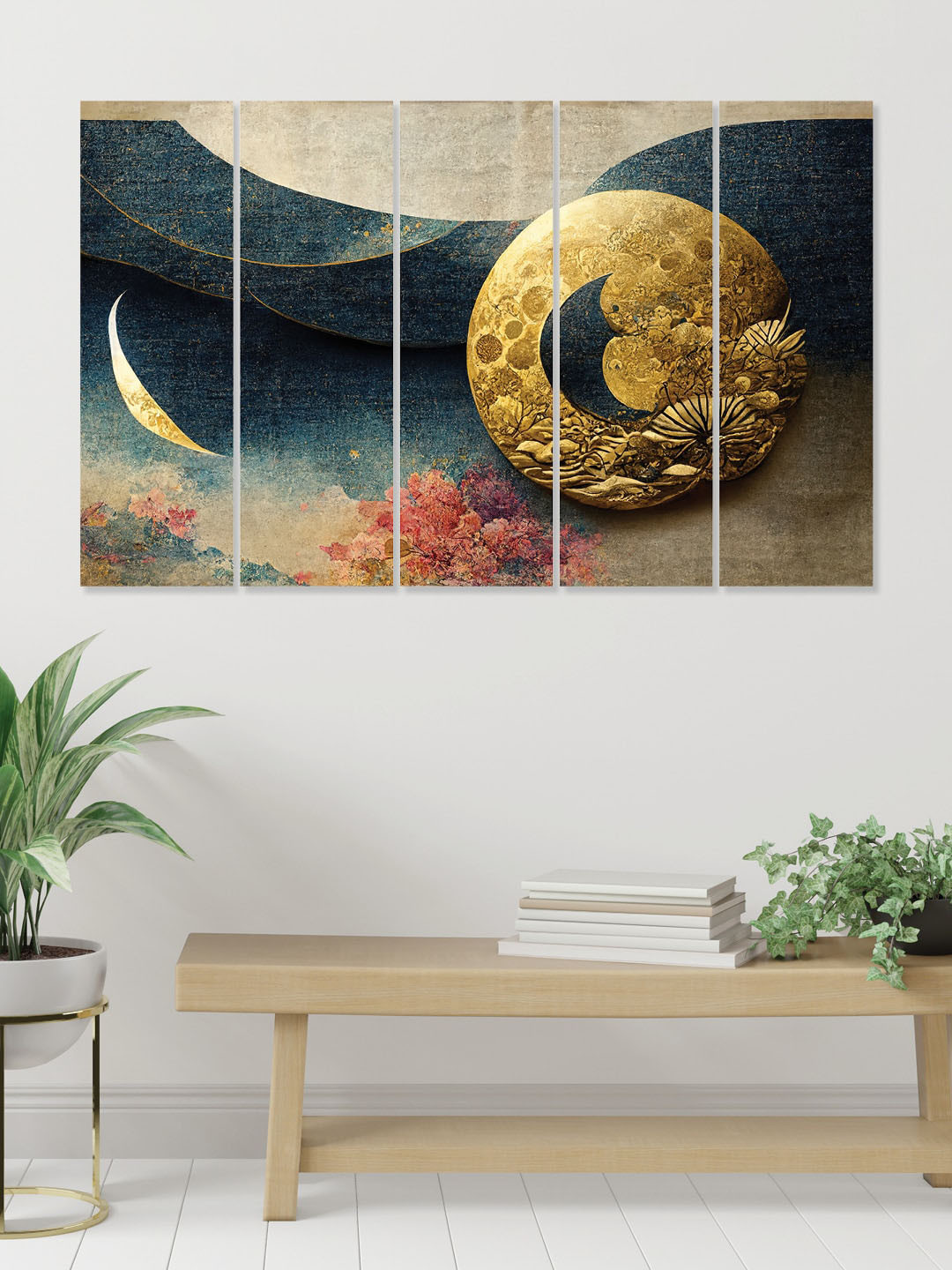 

RANDOM Blue 5 Pieces Moon Wooden Canvas Painting Wall Arts