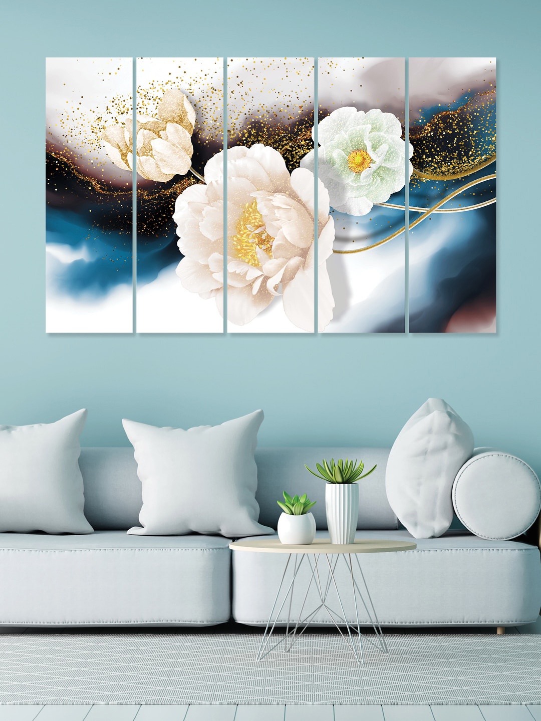 

RANDOM White & Blue 5 Pieces Wooden Vinyle Canvas Painting Wall Art