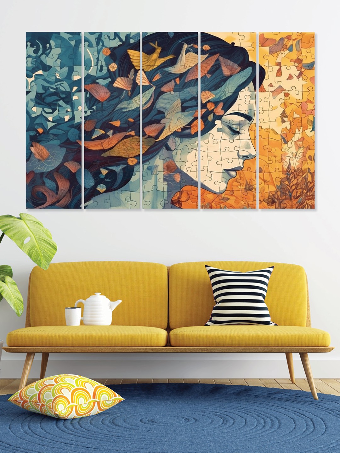

RANDOM 5 Pcs Blue & Brown Woman Wooden Vinyle Canvas Painting Wall Art