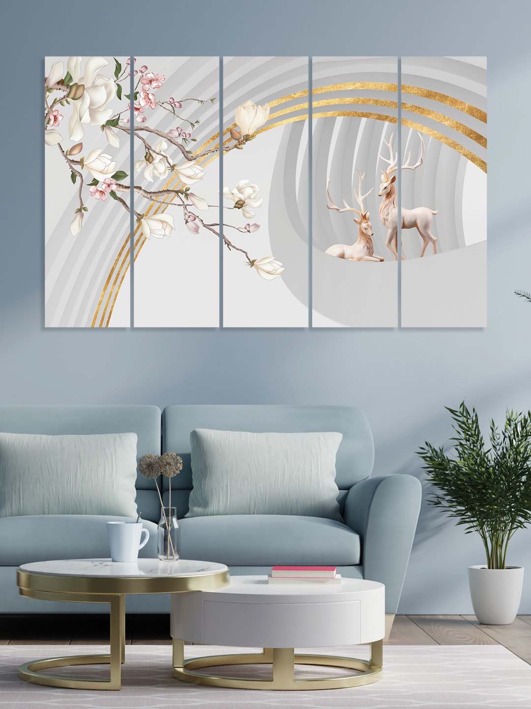 

RANDOM White & Grey 5 Pieces Wooden Vinyle Canvas Painting Wall Arts