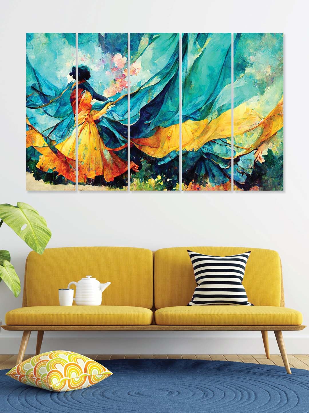 

RANDOM Blue & Yellow 5 Pieces Wooden Vinyle Canvas Painting Wall Art
