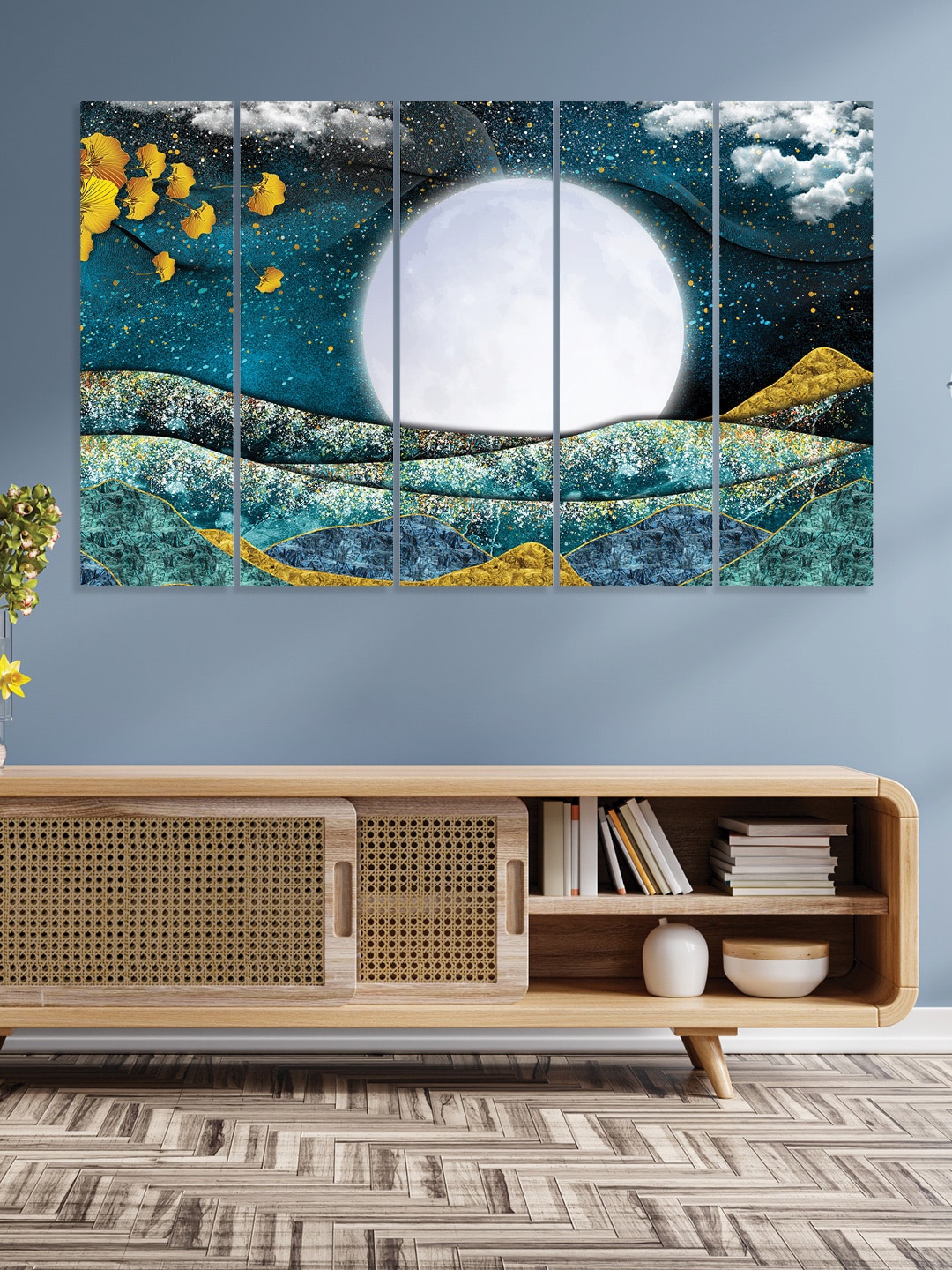 

RANDOM 5 Pcs Blue & White Moon Wooden Vinyle Canvas Painting Wall Art