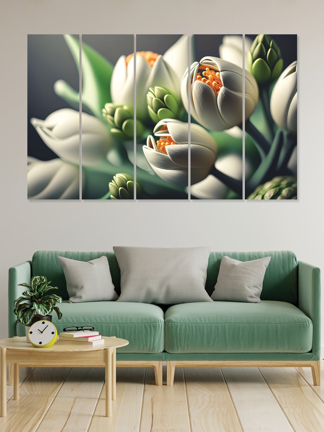 

RANDOM Green & White 5 Pieces Wooden Vinyle Canvas Wall Art