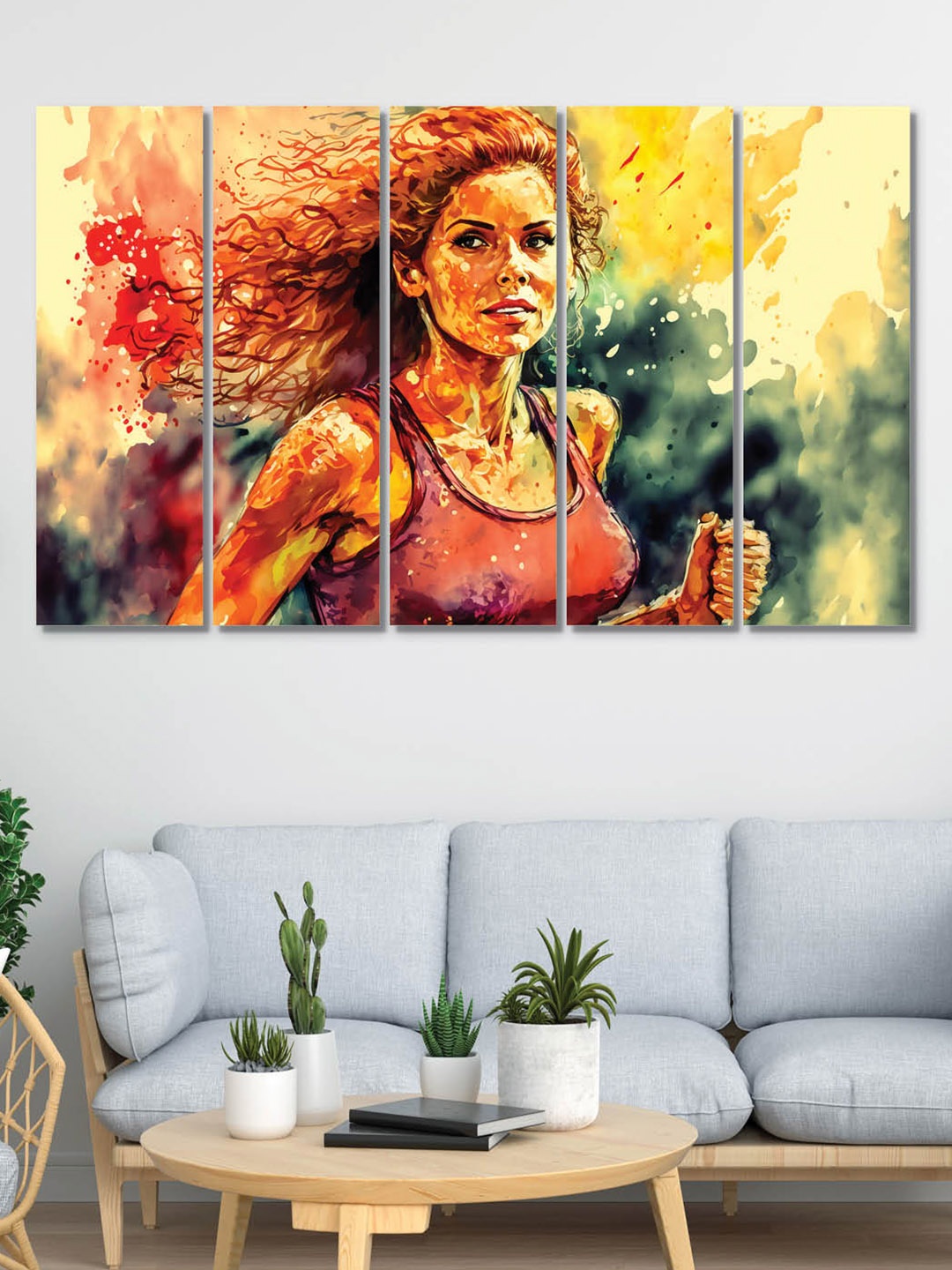 

RANDOM 5 Pcs Red & Yellow Running Girl Wooden Vinyle Canvas Painting Wall Art