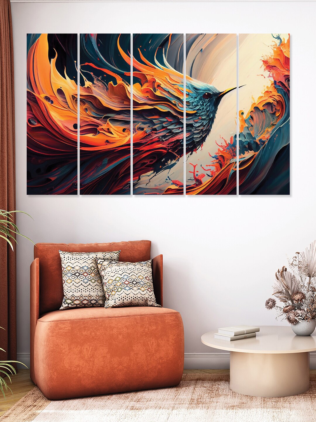 

RANDOM Orange Colored & Blue 5 Pieces Wooden Vinyle Canvas Painting Wall Art