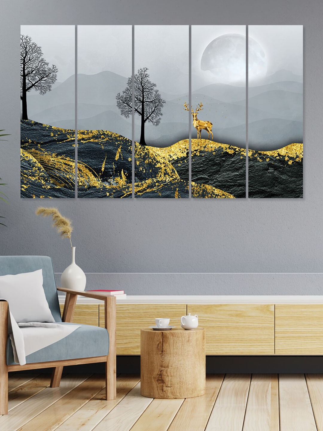 

RANDOM Green & Grey 5 Pieces Wooden Vinyle Canvas Painting Wall Art, Black