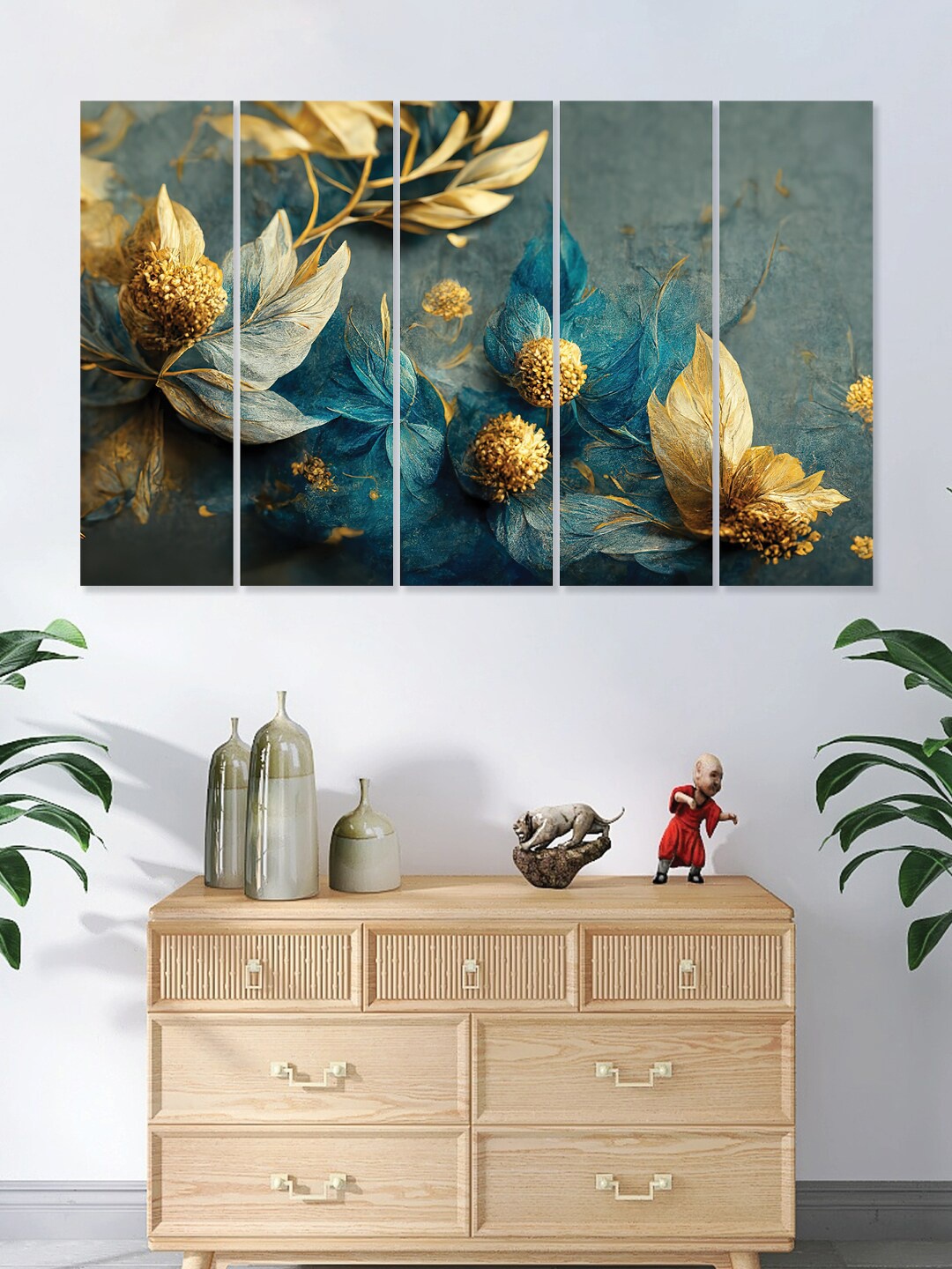 

RANDOM Blue & Yellow 5 Pieces Wooden Vinyle Canvas Painting Wall Art