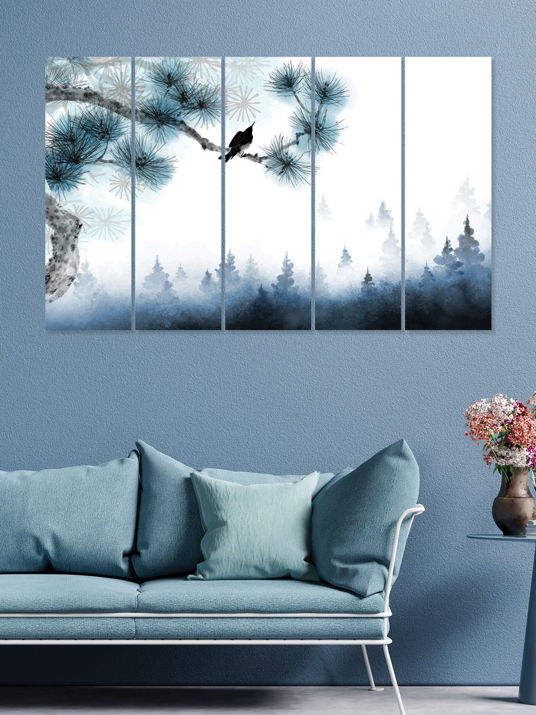 

RANDOM White & Blue 5 Pieces Wooden Vinyle Canvas Painting Wall Art