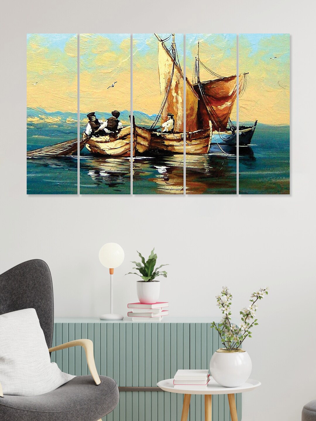 

RANDOM Blue & Yellow 5 Pieces Wooden Vinyle Canvas Painting Wall Arts