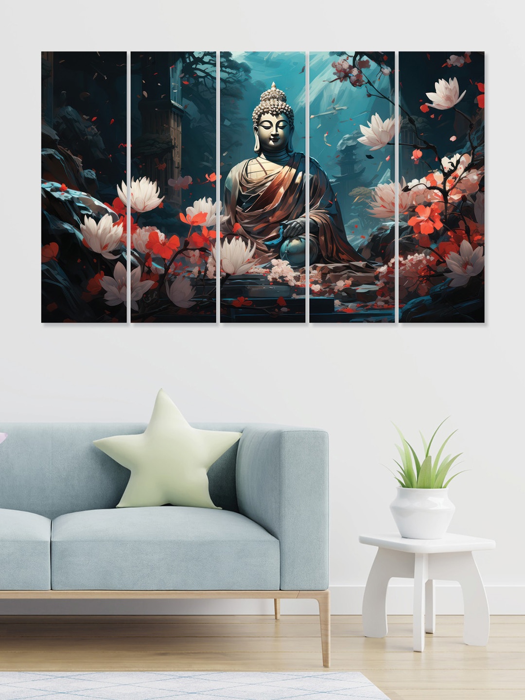 

RANDOM Blue & Black 5 Pieces Wooden Vinyle Canvas Painting Wall Art, Multi