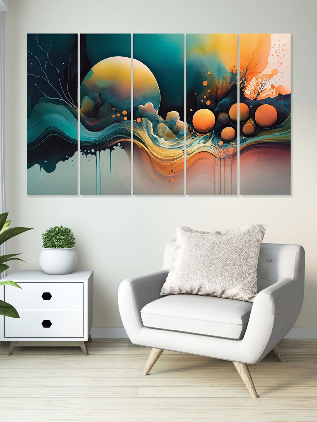 

RANDOM Orange Colored & Blue 5 Pieces Wooden Vinyle Canvas Painting Wall Art