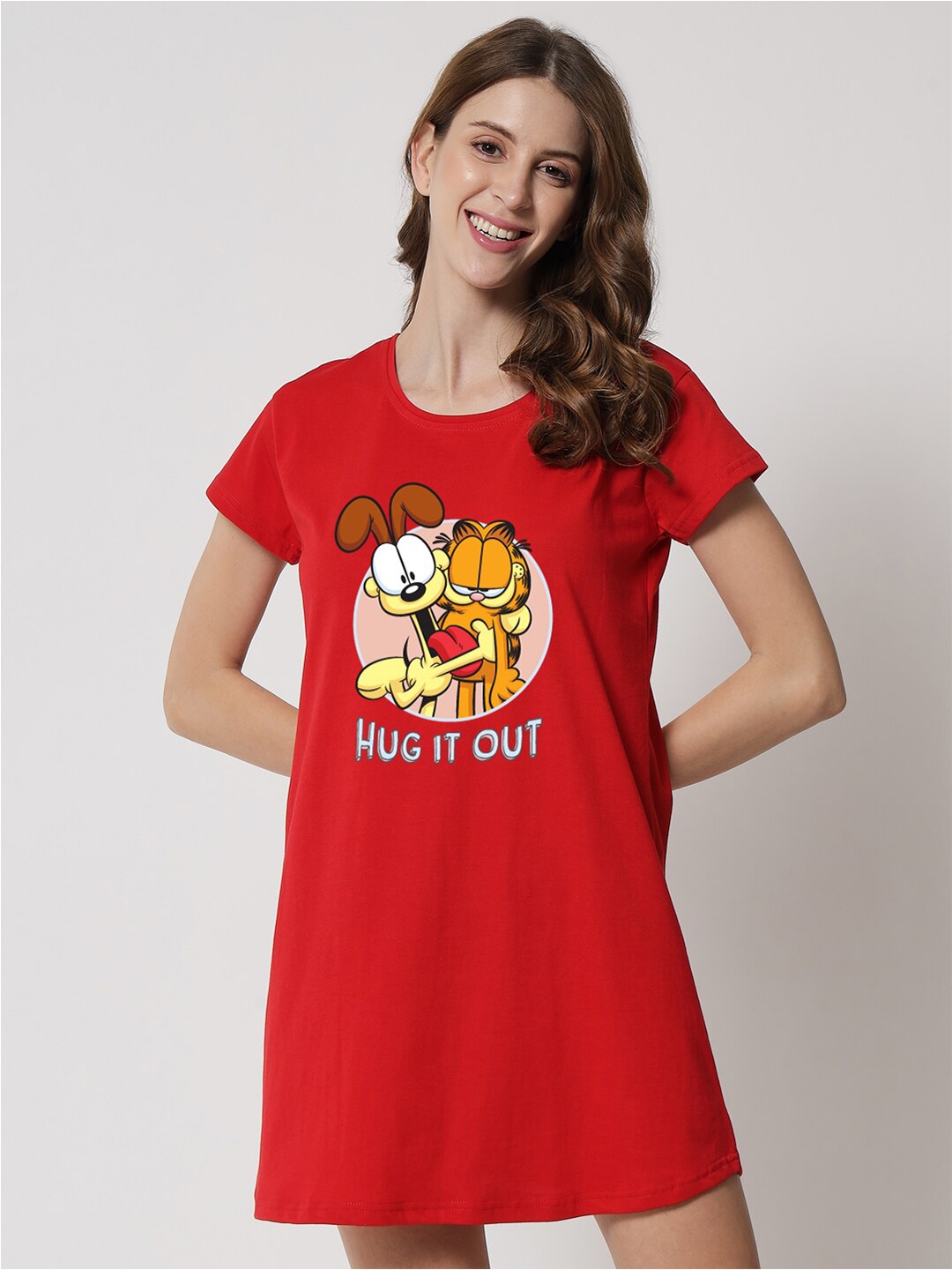 

FFLIRTYGO Cartoon Characters Printed T-Shirt Nightdress, Red